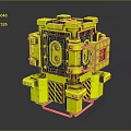 Yellow Mechanical Cube Structure With Support Arms And Black Striped Details 3d model