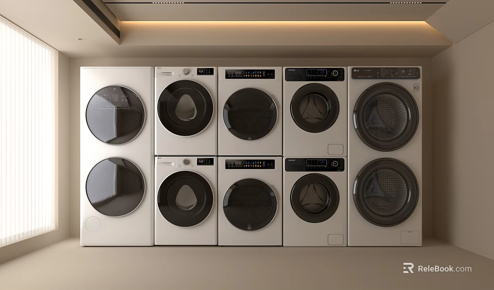 Ten Modern White Washing Machines Stacked in Two Rows with Round Doors 3d model 