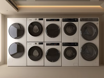 Ten Modern White Washing Machines Stacked in Two Rows with Round Doors 3d model