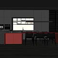 Modern Open Concept Restaurant Kitchen Interior With Red Island Counter Black Chairs And Gray Cabinets