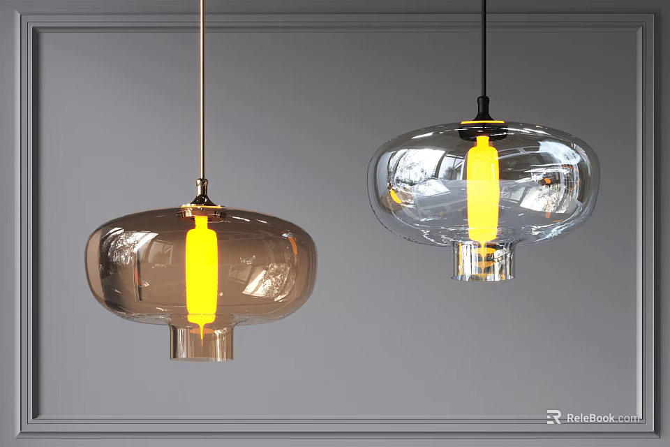 Modern Glass Pendant Lights With Yellow Bulbs And Gray Wall Background 3d model 
