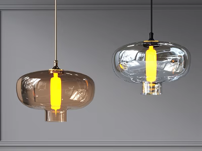 Modern Glass Pendant Lights With Yellow Bulbs And Gray Wall Background 3d model