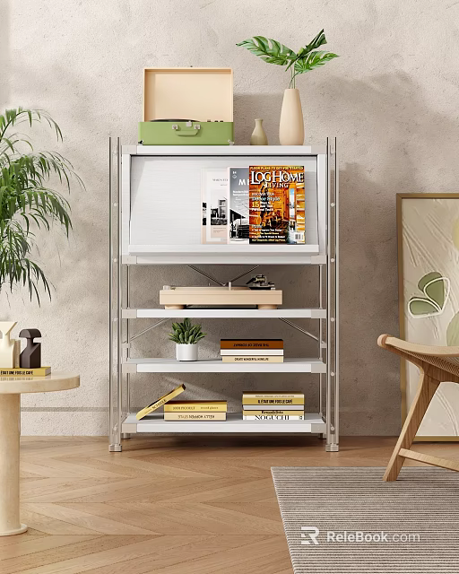 Modern Metal Storage Shelf Unit With Magazines Books And Small Potted Plant In Interior 3d model 