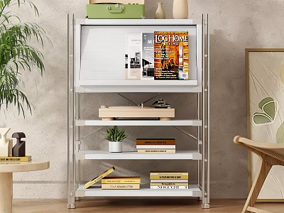 Modern Metal Storage Shelf Unit With Magazines Books And Small Potted Plant In Interior 3d model