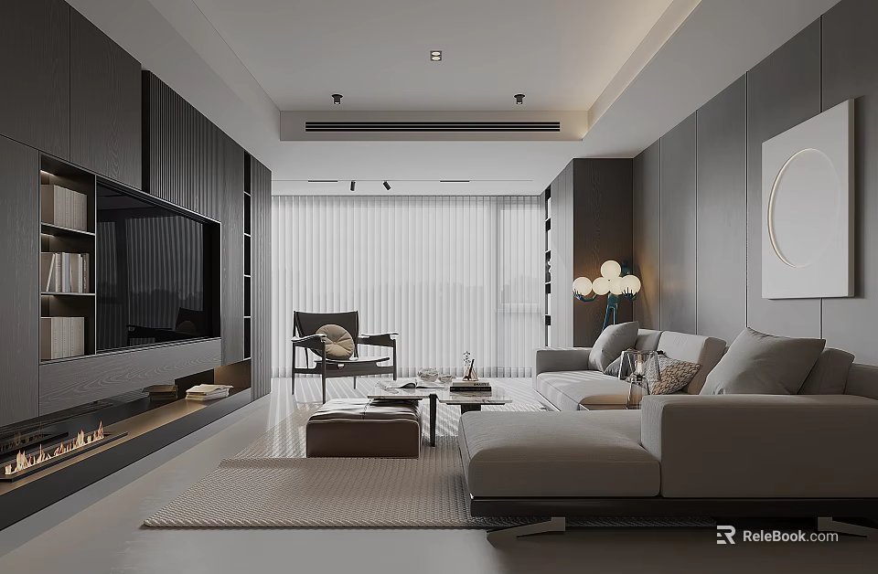 Modern Living Room Interior Design With Black TV Wall Gray Sofa And Round Decorative Art 3d model 