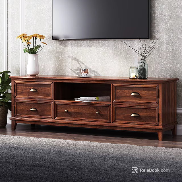 Wooden TV Stand With Yellow Flower Vase Candle And Dry Branches On Top 3d model 
