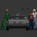 Back to the Future Movie Characters With DeLorean Time Machine And Einstein Dog Standing Beside