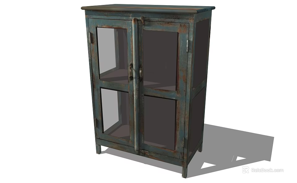 Rustic Teal Bookshelf With Glass Double Doors And Free Standing Storage Design 3d model 