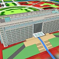 Modern Multi Story Office Building With Glass Curtain Wall And Green Lawn Exterior