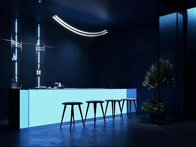 Modern Bar Interior With Curved Lighting Bar Counter Stools And Green Plants 3d model