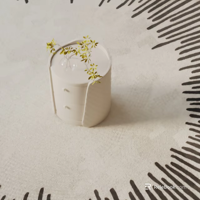 White Round Bedside Table With Drawers Glass Vase And Yellow Flowers On Light Colored Carpet 3d model 