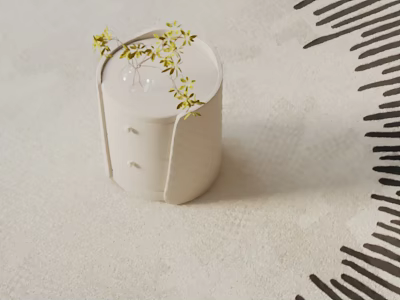 White Round Bedside Table With Drawers Glass Vase And Yellow Flowers On Light Colored Carpet 3d model