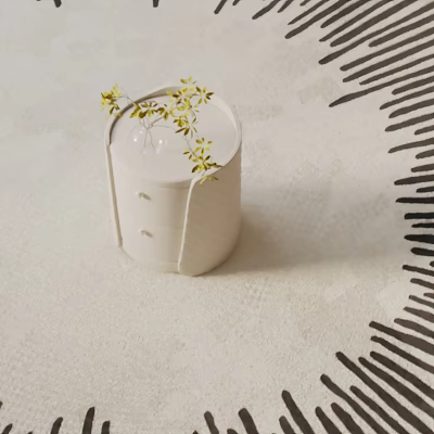 White Round Bedside Table With Drawers Glass Vase And Yellow Flowers On Light Colored Carpet 3d model