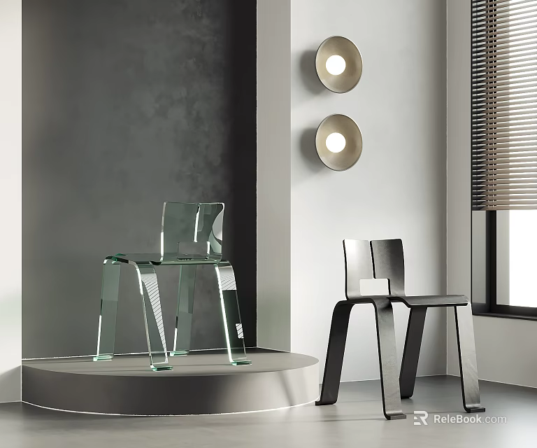 Transparent Acrylic And Black Metal Accent Chairs In Modern Grey Room With Round Wall Lights 3d model 