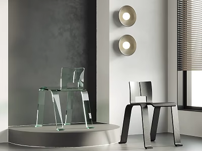 Transparent Acrylic And Black Metal Accent Chairs In Modern Grey Room With Round Wall Lights 3d model