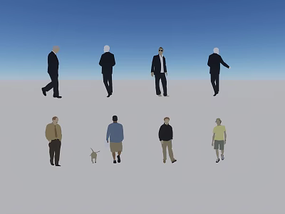 Group of Men Walking in Open Area with Blue Sky Gray Ground and Small Dog 3d model