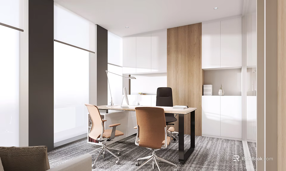 Modern Office Interior Design Featuring Spacious Desk Ergonomic Chairs Wooden White Cabinets And Large Window 3d model 