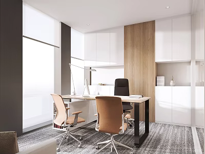 Modern Office Interior Design Featuring Spacious Desk Ergonomic Chairs Wooden White Cabinets And Large Window 3d model