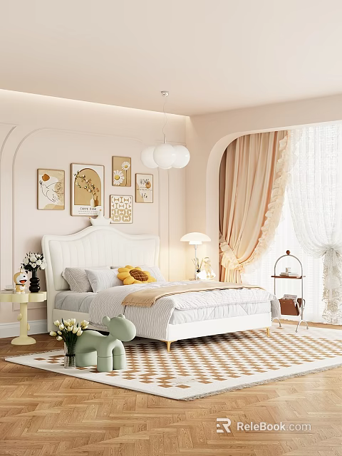 Kids Bedroom With White Bed Decorative Paintings Chandelier Beige Curtains Green Toy And Checkered Carpet 3d model 