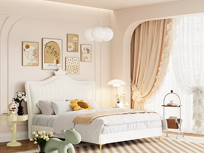 Kids Bedroom With White Bed Decorative Paintings Chandelier Beige Curtains Green Toy And Checkered Carpet 3d model