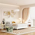 Kids Bedroom With White Bed Decorative Paintings Chandelier Beige Curtains Green Toy And Checkered Carpet