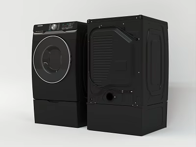 Two Black Front Loading Washing Machines Displaying Front And Back Design Structure 3d model