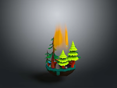 Scenic Floating Island Landscape with Flames Green Pine Trees and Forest Elements 3d model