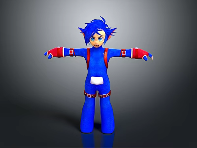 3D Cartoon Character Model In Blue Outfit With Blue Hair Red Backpack And Open Arms 3d model