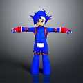 3D Cartoon Character Model In Blue Outfit With Blue Hair Red Backpack And Open Arms
