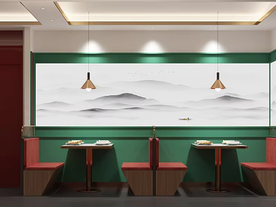 Modern Restaurant Interior With Green Walls Red Seats Hanging Lights And Landscape Painting 3d model