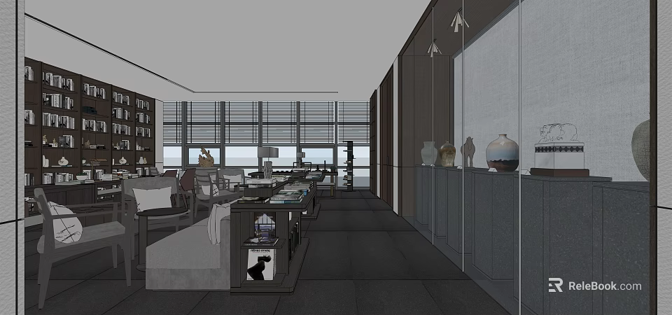 Modern Lounge Area Interior With Bookshelves Sofas Tables And Large Windows 3d model 