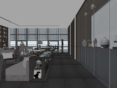 Modern Lounge Area Interior With Bookshelves Sofas Tables And Large Windows 3d model