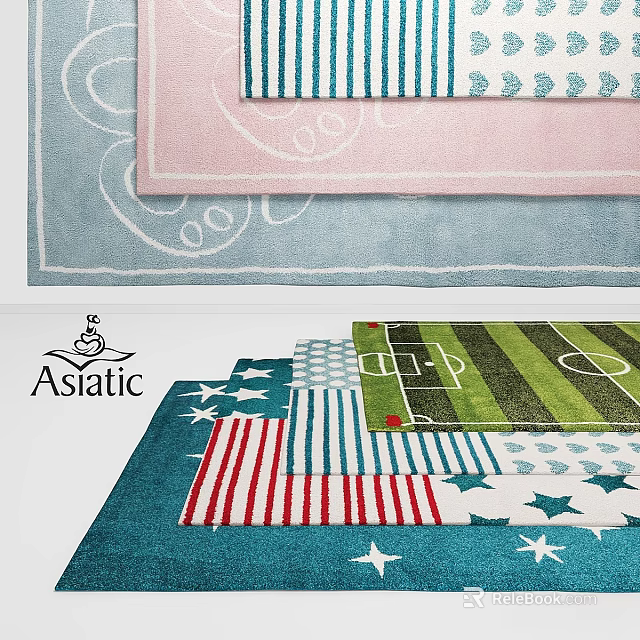 Asiatic Square Rugs with Football Field and Stars Stripes Patterns in Green White Red Blue 3d model 