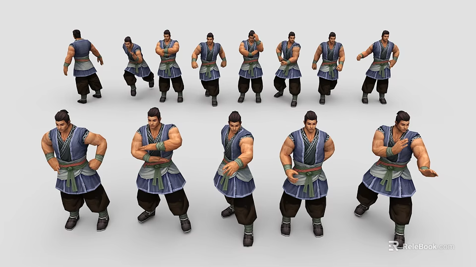Game Animated Male Character With Muscular Build And Multiple Poses In Blue White Traditional Outfit 3d model 