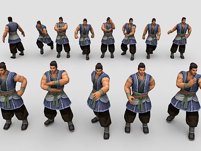 Game Animated Male Character With Muscular Build And Multiple Poses In Blue White Traditional Outfit 3d model