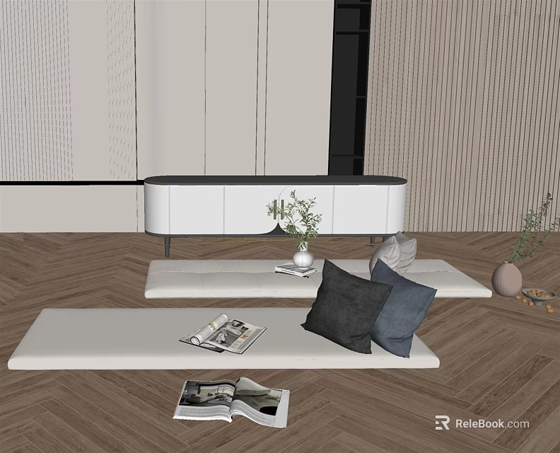Modern Living Room Interior With White Seating Wooden Herringbone Floor Magazines And Throw Pillows 3d model 