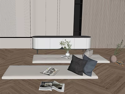 Modern Living Room Interior With White Seating Wooden Herringbone Floor Magazines And Throw Pillows 3d model