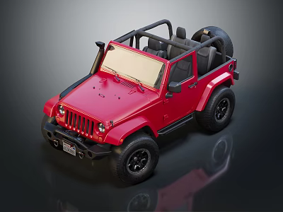 Red Open Top Off Road Car With Black Wheels And Spare Tire 3d model