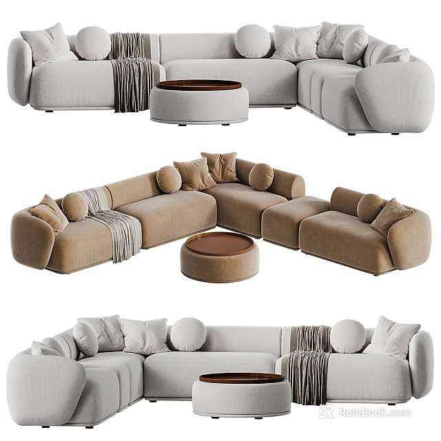 Modern Curved Sectional Sofa With Beige Upholstery Throw Pillows And Round Coffee Table 3d model 