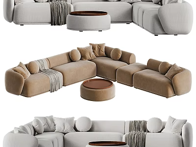 Modern Curved Sectional Sofa With Beige Upholstery Throw Pillows And Round Coffee Table 3d model
