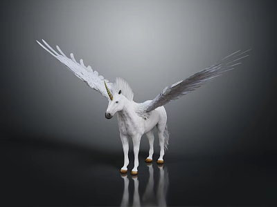 Mythical White Unicorn With Large Wings And Golden Horn Standing On Black Background With Reflection 3d model