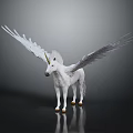 Mythical White Unicorn With Large Wings And Golden Horn Standing On Black Background With Reflection