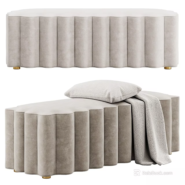 Pleated Light Gray Velvet Sofa Bench With Gold Legs Decorative Pillow And Soft Blanket 3d model 