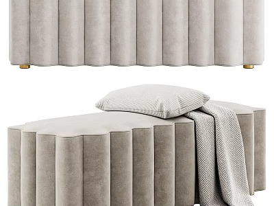 Pleated Light Gray Velvet Sofa Bench With Gold Legs Decorative Pillow And Soft Blanket 3d model
