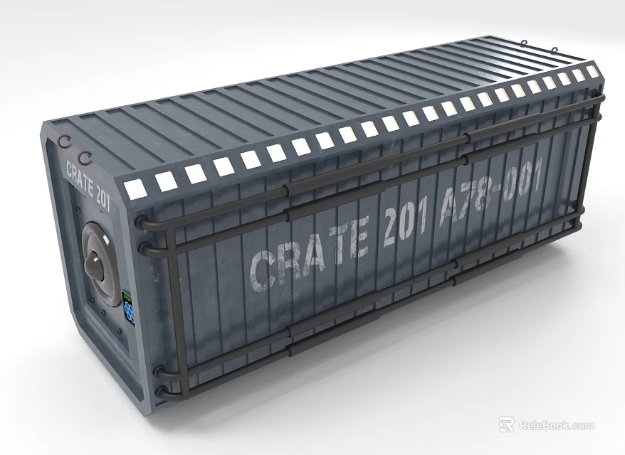 Metal Crate with Striped Design Labeled CRATE 201 A75-101 and Reinforced Metal Bars 3d model 
