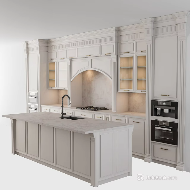 White Kitchen Cabinets In Modern Kitchen With Island Counter And Appliances 3d model 