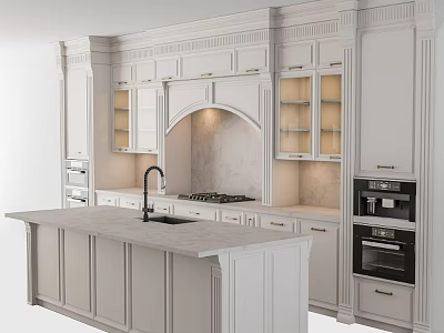 White Kitchen Cabinets In Modern Kitchen With Island Counter And Appliances 3d model