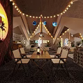 Tropical Restaurant Interior With String Lights Arched Ceiling Wooden Furniture Palm Decor And Pebble Floor