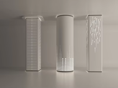 Three Modern White Columns Featuring Unique Perforated Dot Patterns In Minimalist Interior Design 3d model