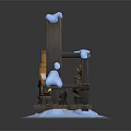 Cartoon Winter Scene Featuring Snowy Triangular Roof Cabin With Decorations And Glowing Icy Base